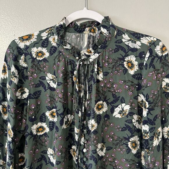 Free People Magic Mystery Size XS Boho Green Floral Mini Tunic Dress Bell Sleeve - Picture 8 of 16